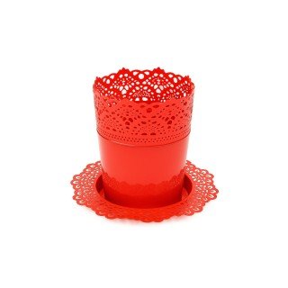Комплект от 10 бр Саксия Дантела Ф12 cm. с подложка червена Комплект от 10 бр Саксия Дантела Ф12 cm. с подложка червена